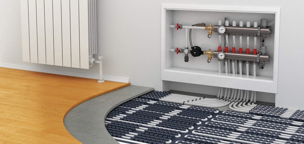 Floor heating components, panel, pipes, manifold and mixing shunt.